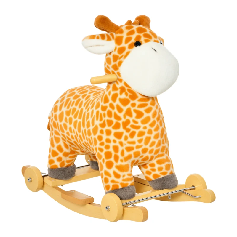 HOMCOM Jouet à Bascule Girafe et Porteur sur roulettes 2 en 1 Fonction sonore mugissement Bois peuplier Peluche Courte Polyester tacheté