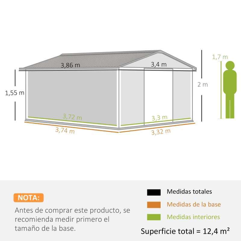 Outsunny Cobertizo de Jardín 12,4 m² 340x386x200 cm con 2 Puertas Corredizas Base Refuerzo (Suelo NO Incluido) Gris Oscuro