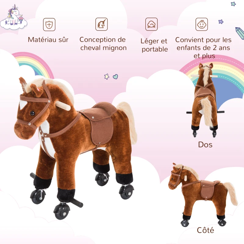HOMCOM Jouet cheval pour enfant de +24 mois avec 4 roulettes, effet sonore, repose-pieds et guidon, 55x23x60 cm Marron(m-5)