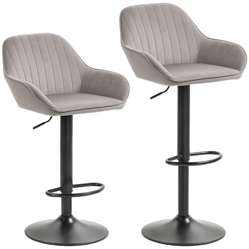HOMCOM Lote de 2 taburetes de bar, sillas de bar de terciopelo con respaldo, reposapiés, altura ajustable y giratorias gris