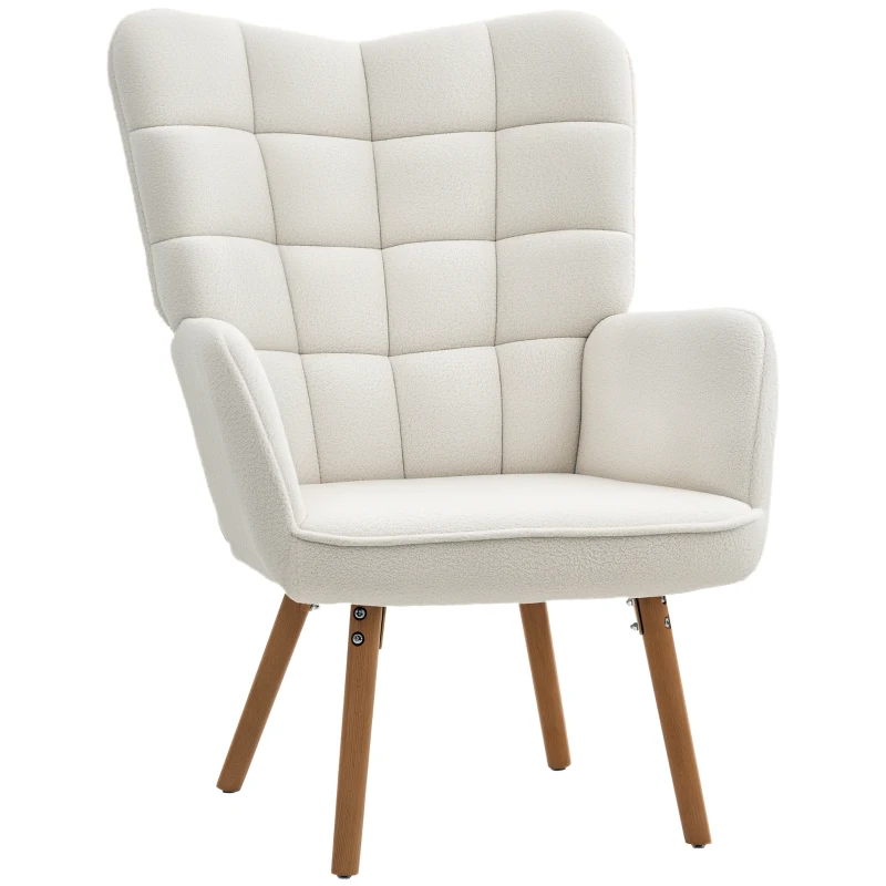 HOMCOM Modern Accent Chair, Upholstered Tufted Wingback Armchair with Seat Padding, Teddy Fleece Leisure Lounge Bedroom Chair with Wood Legs, Cream White