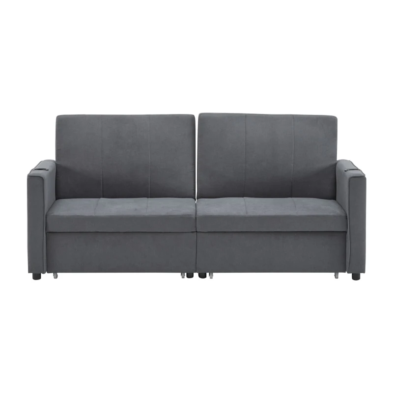 Convertible Fabric Sofa Chair with Cup Holders and Side Pockets, King Size Independent Pull Out Sofa Bed, 207L x 87W x 96H cm, Gray