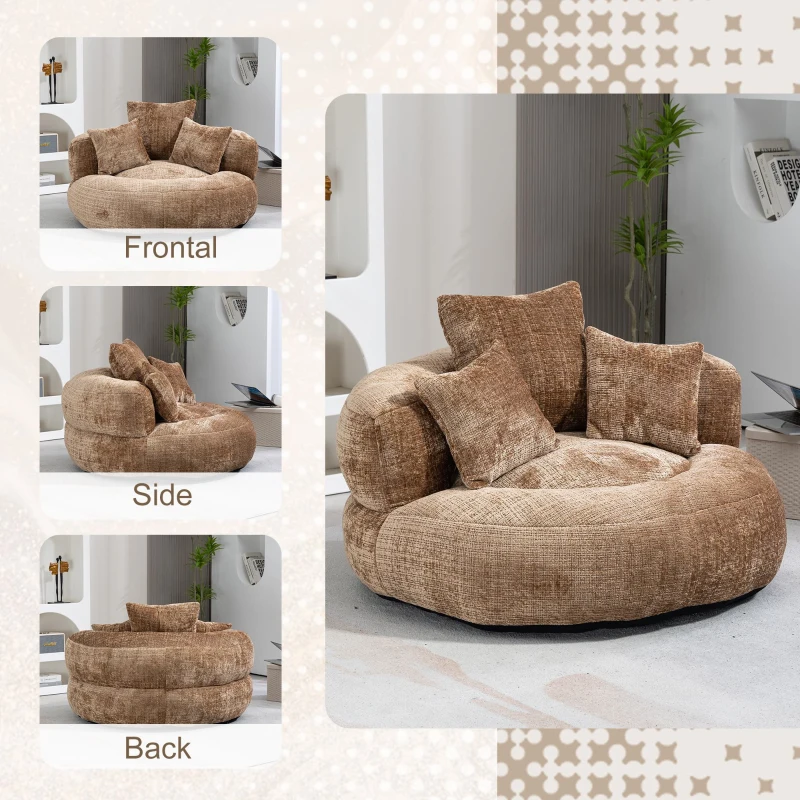 High Back Bean Bag Chair with Memory Foam Filling, High Back Design with Three Pillows, 108L x 108W x 52H cm, Brown