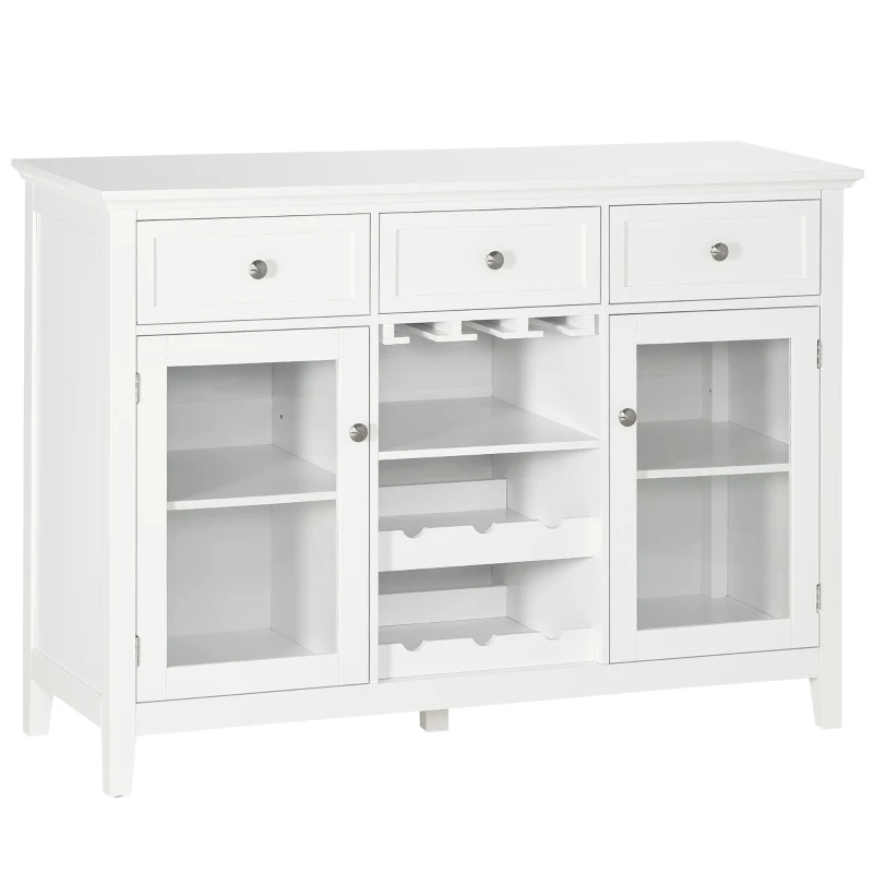 HOMCOM Aparador de Cocina con 3 Cajones Botellero y Soporte para Copas Mueble Auxiliar Estilo Moderno 120x40x87cm Blanco