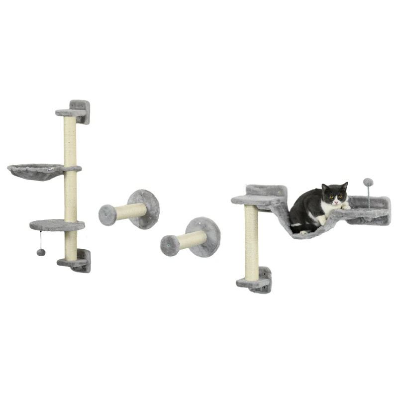 PawHut Juego de Escalada para Gatos de Pared 4 Piezas con Hamaca Bola Plataformas 84,5x19x54 cm Gris y Beige