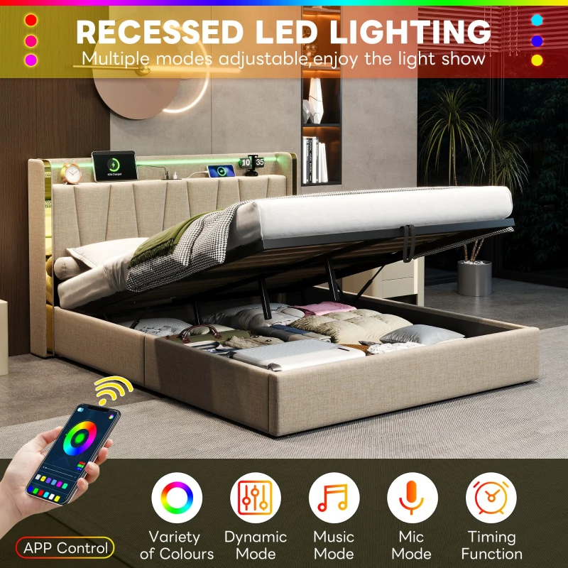 Double Upholstered Bed Frame with Hydraulic Storage, LED Headboard with USB and Type-C Charging Ports, 214L x 150W x 110H cm, Beige