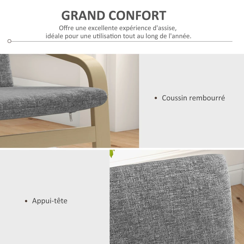 HOMCOM Fauteuil de salon, fauteuil chambre avec accoudoirs incurvés, coussin, tissu aspect lin, 65 x 79 x 98 cm, gris