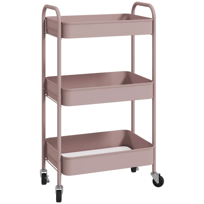 HOMCOM Desserte chariot de rangement en acier chariot de service à roulettes 3 plateaux ajourés 45 x 30,6 x 79 cm rose