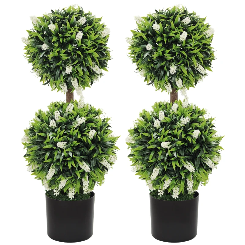 HOMCOM Set of 2 Decorative Artificial Plants Ball Trees with Lavender Flowers in Pot Fake Plants for Home Indoor Outdoor Decor, 70cm, White