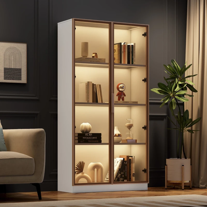 LED Display Cabinet with Tempered Glass Doors, Adjustable Shelves and Smart APP-Controlled RGB Lighting, 160L x 80W x 40H cm, White