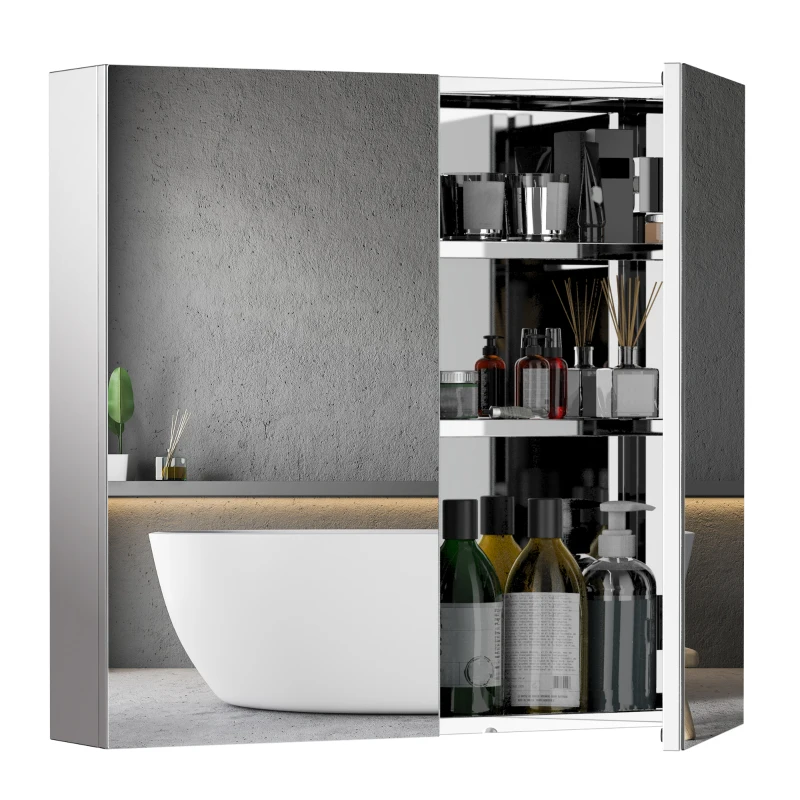 HOMCOM Bathroom Mirror Cabinet - Stainless Steel Wall Mounted Bathroom Storage Cabinet with Double Doors, 60x55cm