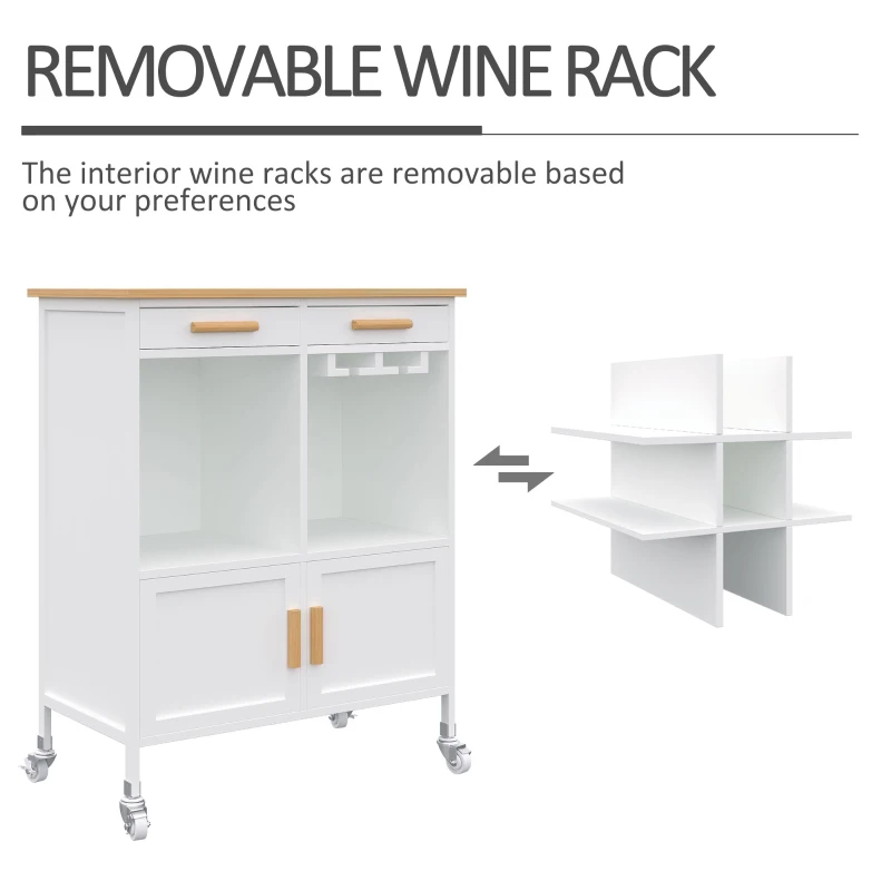 HOMCOM Rolling Kitchen Cart, Kitchen island with 9-bottle Wine Rack, Glass Holder, Serving Trolley with Wood Top, Drawer and Cabinet, White