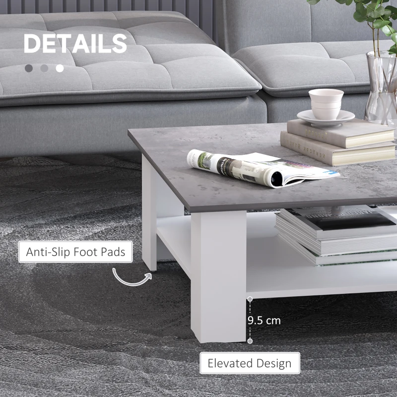 HOMCOM Square Coffee Table, 2 Tier Centre Table with Storage Shelf, Vintage Living Room Table, Cement Colour