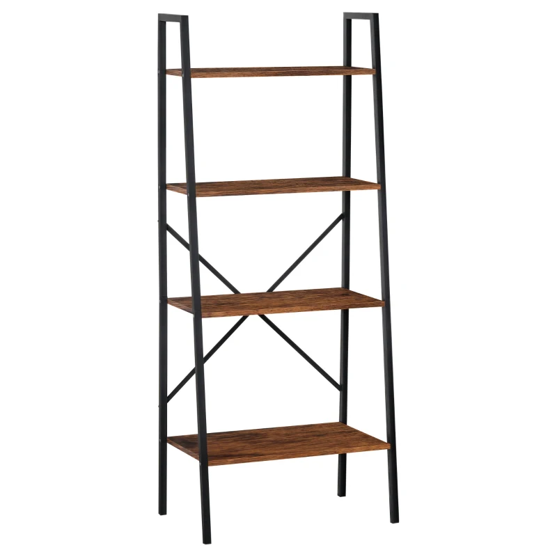 HOMCOM Estantería de Escalera Estantería Industrial Librería con 4 Estantes para Libros para Salón 60x35x145 cm Marrón Rústico