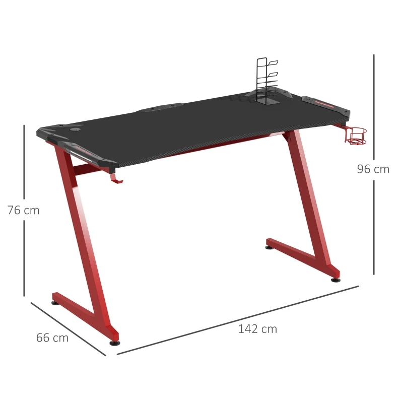HOMCOM 142 x 66 cm Racing Gaming Desk, Computer Table with Cup Holder and Headphone Hook, Black and Red