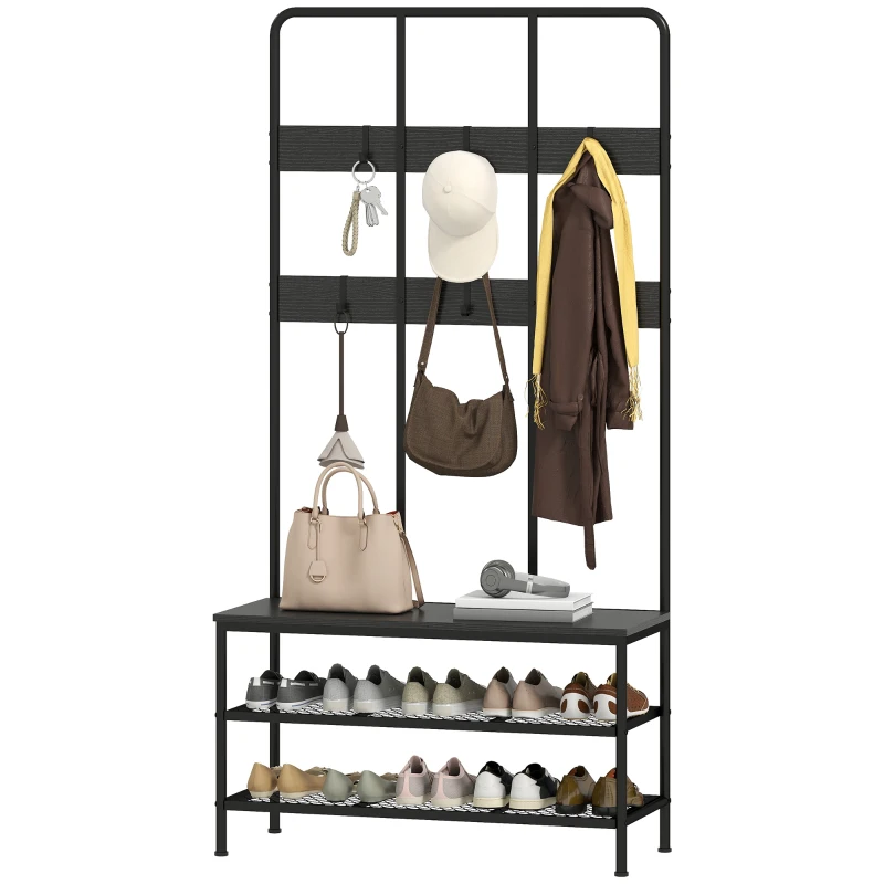 HOMCOM Appendiabiti da Ingresso 3 in 1 con 6 Ganci e Panca con Scarpiera, 91x36x180 cm, Nero