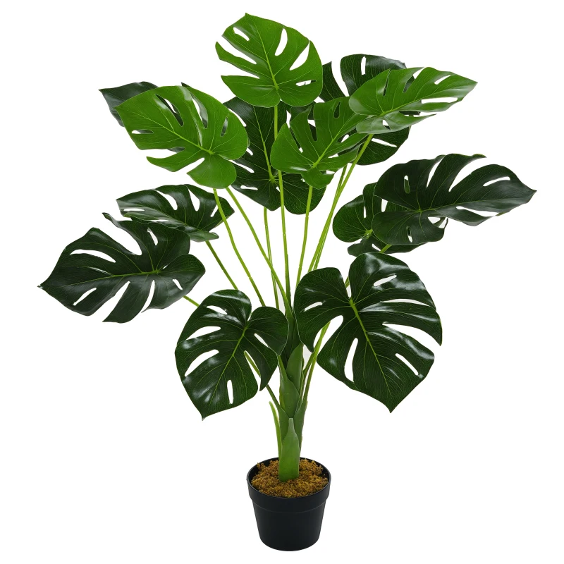 Outsunny Plante artificielle modèle Monstera avec 13 feuilles en pot ciment, intérieur ou extérieur, dim. Ø16 x 85H cm