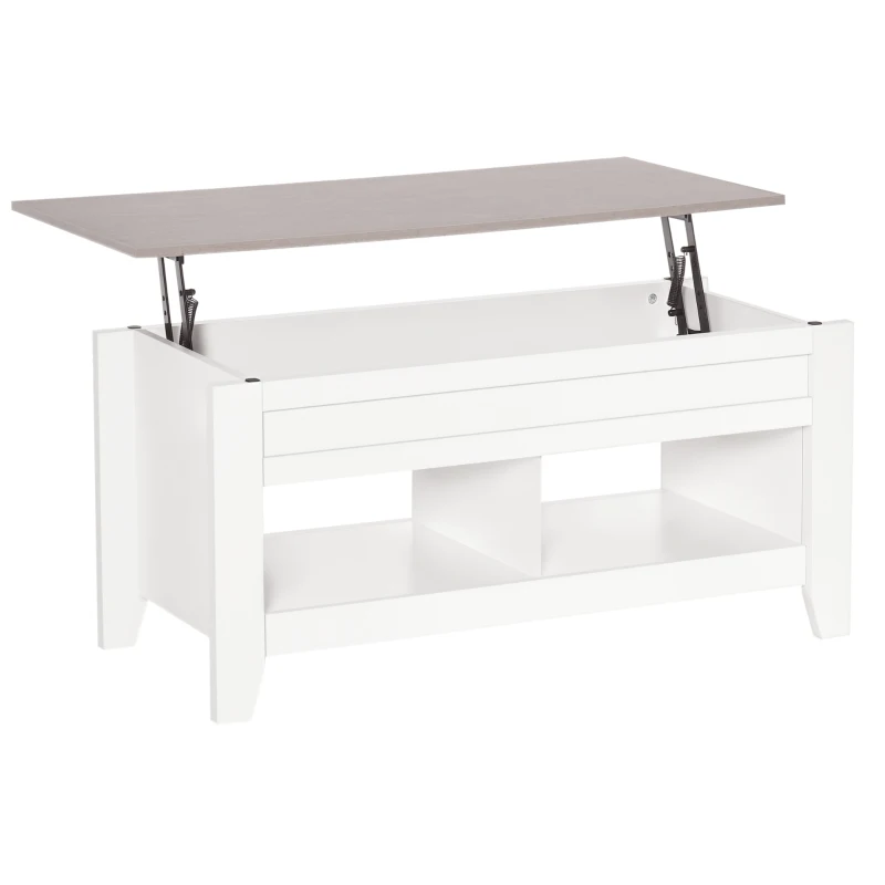 HOMCOM Mesa de Centro com Bancada Elevável Mesa de Centro com 2 Compartimentos Abertos Bancada de Imitação a Mármore Mesa Retangular para Sala de Estar 105x50x49cm Branco