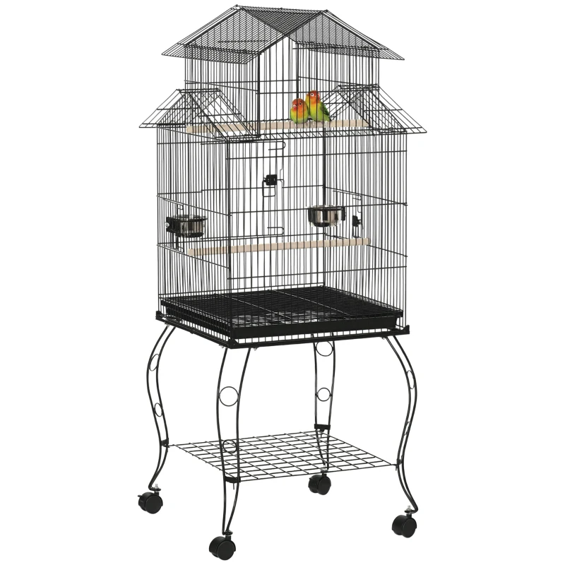 PawHut Gabbia per Uccelli da Interni in Legno con Vassoio, 4 Ruote e Trespolo, 50x49x137cm
