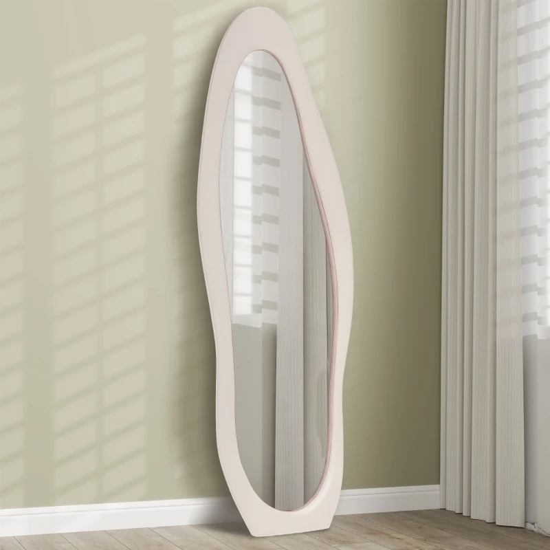 HOMCOM Wavy Velvet-Feel Full Length Mirror - Light Pink
