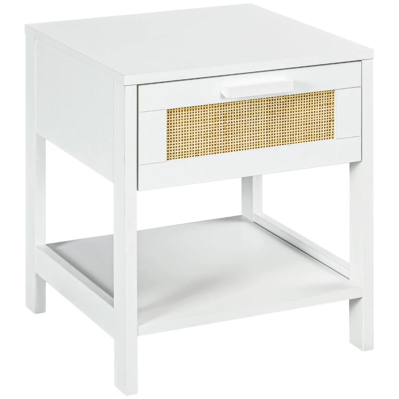 HOMCOM Table de chevet table de nuit avec tiroir et étagère, cannage en rotin, dim. 40L x 40l x 48H cm blanc