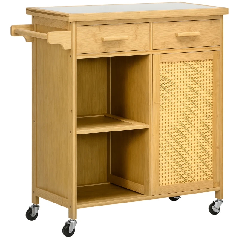 HOMCOM Küchenwagen aus Bambus, Mehrzweckwagen, Sevierwagen, 2 Schubladen, 1 Schrank,  2 Regale, Natur