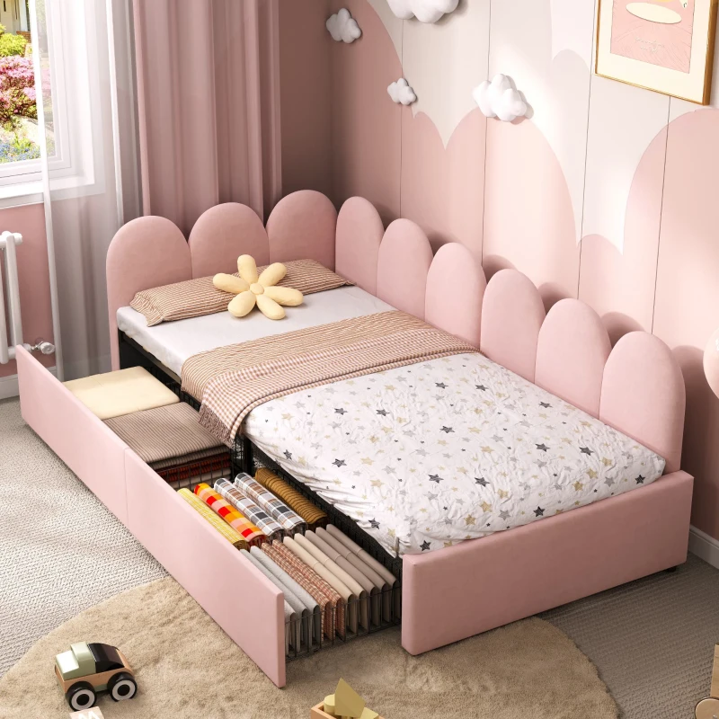 Single Velvet Daybed with Two Storage Drawers, Modern Youth Bed Frame with Wooden Slats, Easy Assembly, 202L x 97W x 73H cm, Pink