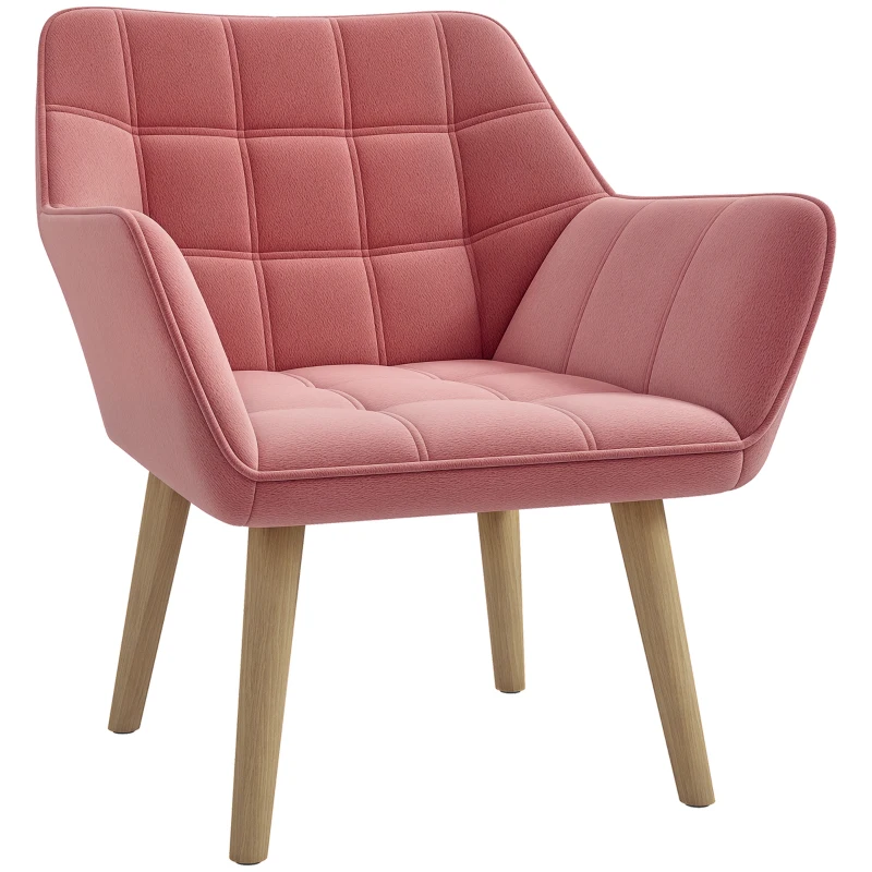 HOMCOM Accent Chair, Arm Chair with Wide Arms, Slanted Back, Thick Padding and Rubber Wooden Legs for Living Room, Pink