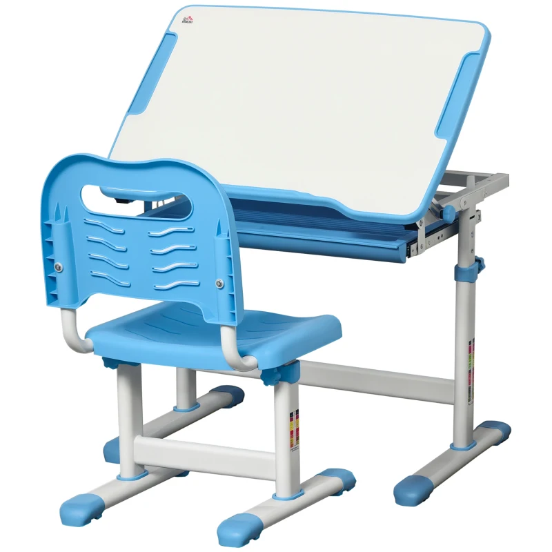 HOMCOM Banco Scuola per Bambini 6-12 Anni con Sedia Regolabile, Cassetto e Piano Inclinabile, 66x47x52-77 cm, Blu