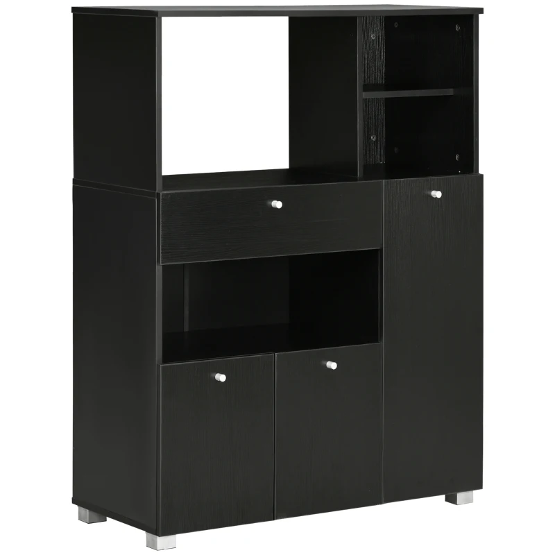 HOMCOM Mueble para Microondas con Cajón Estantes 3 Puertas 3 Compartimientos Diseño Anti-vuelco para Comedor 90x40x120 cm Negro