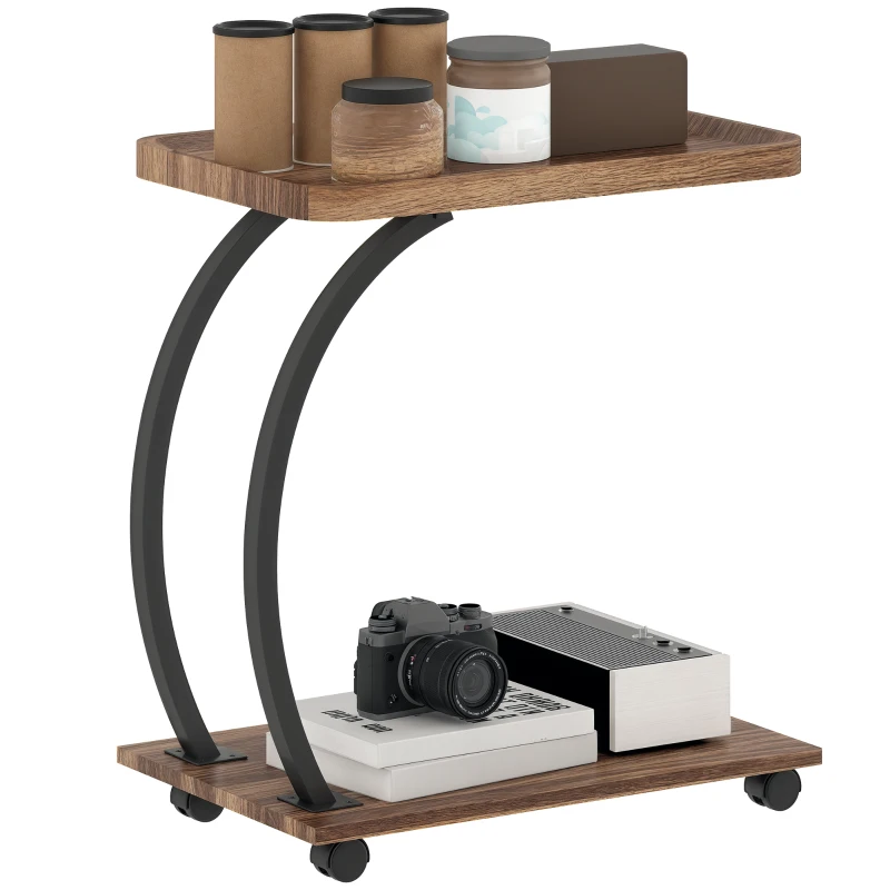 HOMCOM Mesa Auxiliar em Forma de C com Rodas para Sofá com Prateleiras Estrutura de Aço 52x34x60 cm Madeira e Preto
