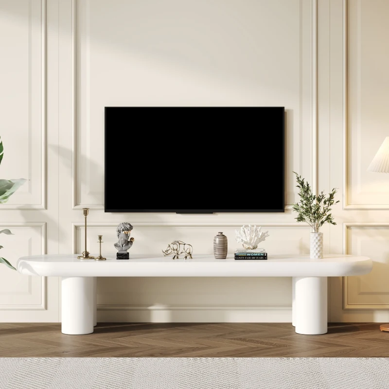Wooden TV Stand Cabinet with Durable Construction, MDF Entertainment Centre with Rounded-Edge Design, 160L x 40W x 40H cm, White