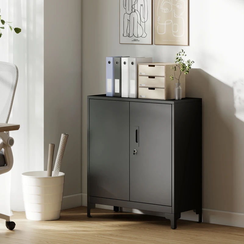 HOMCOM Armario de oficina de metal, puertas con cerradura, cómoda de oficina, diseño de 2 niveles, Negro