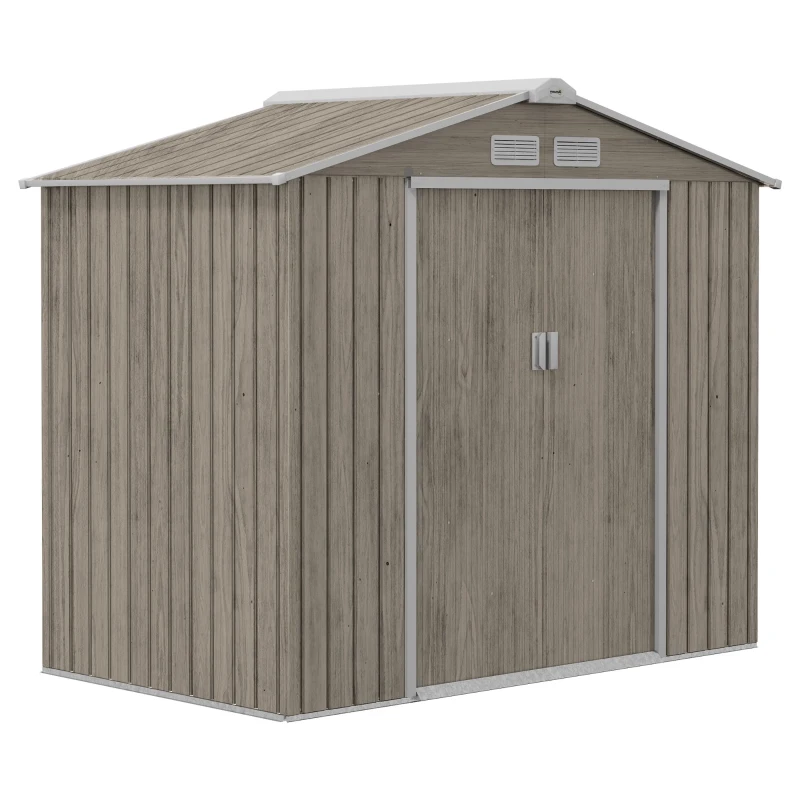 Outsunny Cobertizo de Jardín 2,42 m² 213x130x185 cm con 2 Puertas Corredizas Techo Inclinado y 4 Ventanas Efecto Madera