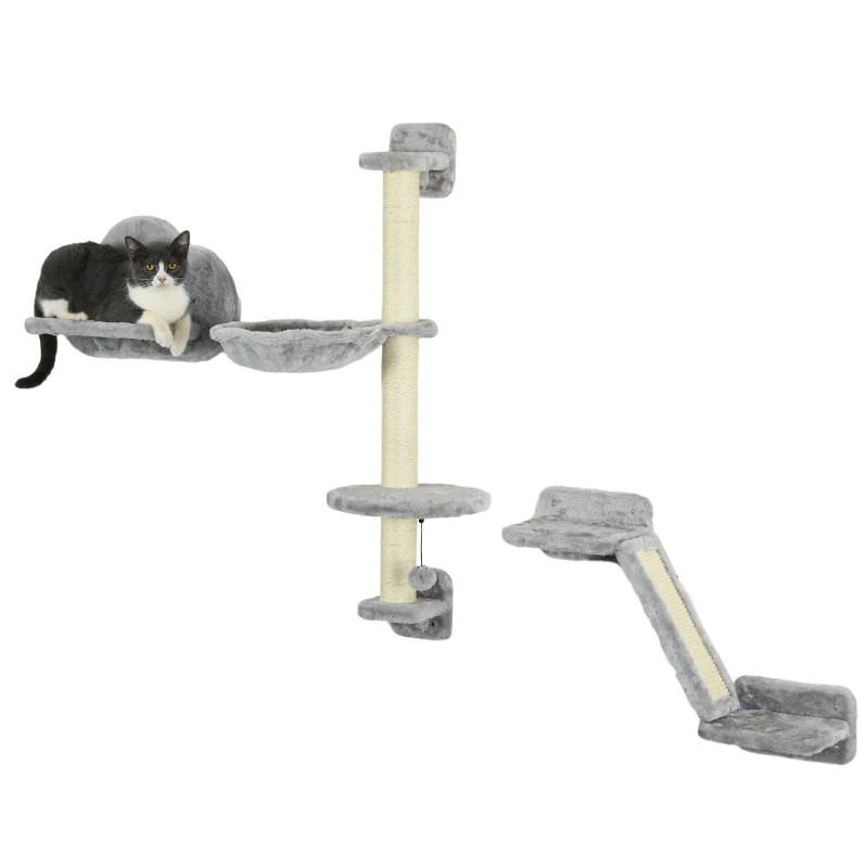 Three-Piece Wall-Mounted Cat Shelves, with Hammock, Ladder, Platforms, Scratching Post - Grey
