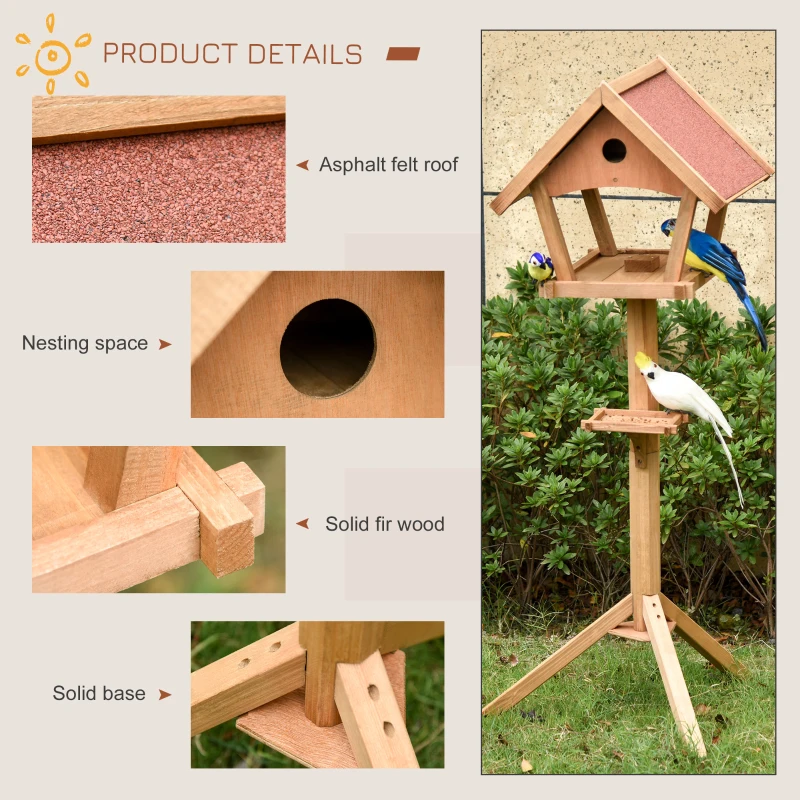 PawHut Wooden Bird Feeder Table Freestanding for Garden Outside with Weather Resistant Roof 49 x 45 x 139 cm Natural