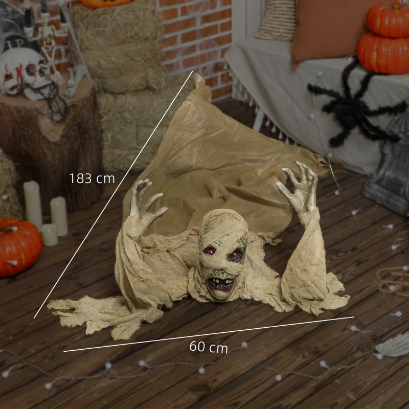 Outsunny 183 cm Life Size Halloween Animated Crawling Mummy with Glowing LED Eyes, 8/16H Timer, Scary Halloween Decorations, Battery Operated, Indoor Outdoor Party Props