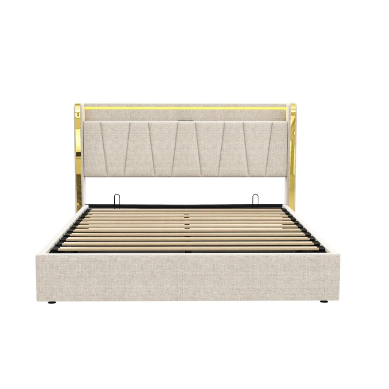 Double Upholstered Bed Frame with Hydraulic Storage, LED Headboard with USB and Type-C Charging Ports, 214L x 150W x 110H cm, Beige