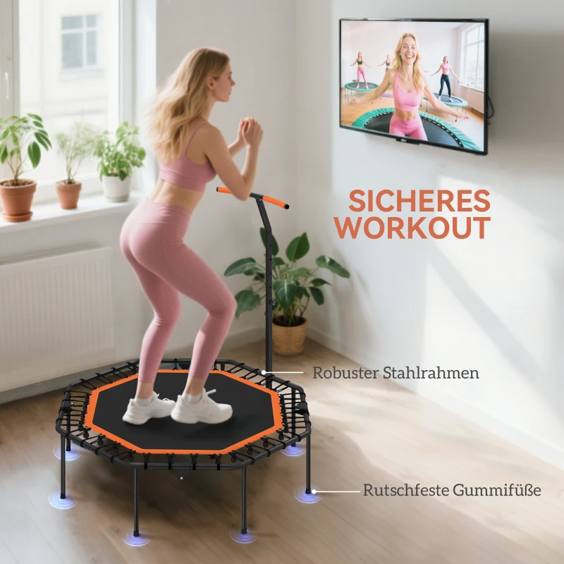 SPORTNOW Fitness-Trampolin, Trainingstrampolin mit verstellbarem Haltegriff, stabil und leise, für drinnen, Stahl, Orange(m-6)