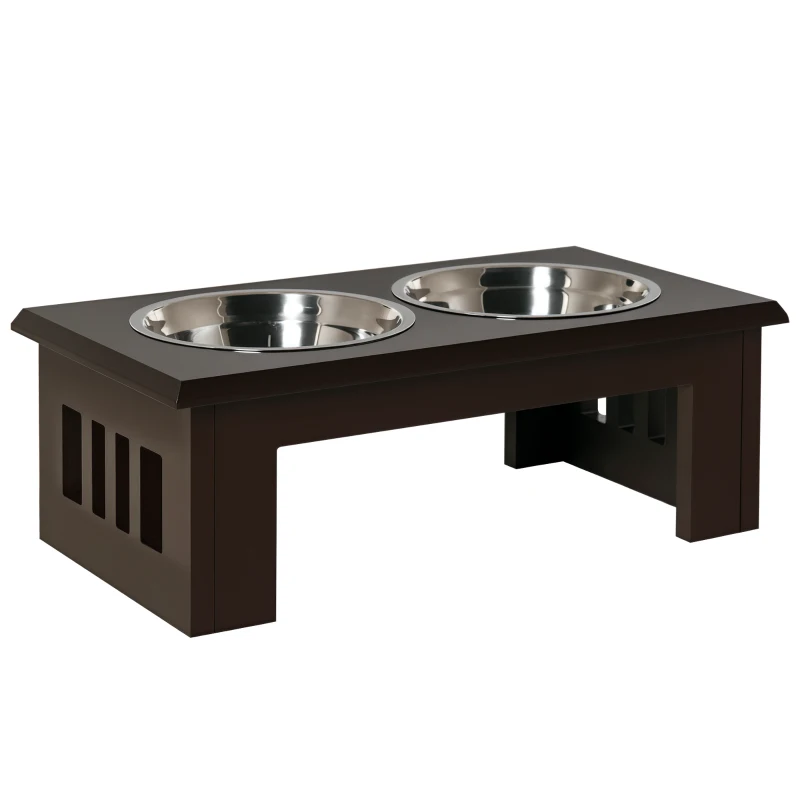 PawHut Ciotole Rialzate per Cani Taglia Media, Supporto Portaciotole in MDF con 2 Ciotole in Acciaio Inox per Cibo e Acqua, Caffè Scuro