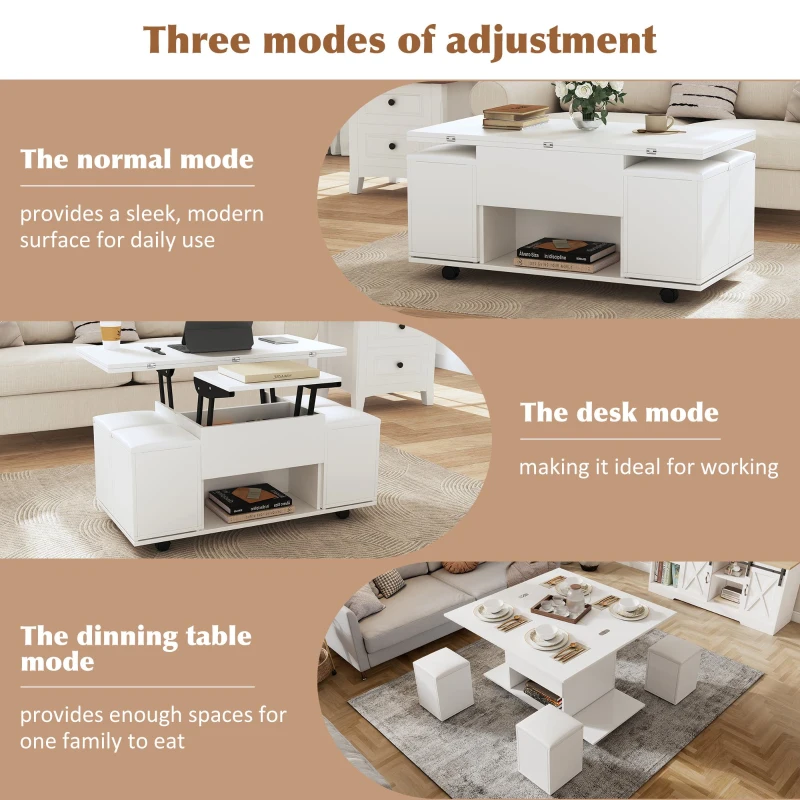 Lift-Up Coffee Table with Hydraulic Mechanism, Hidden Storage and Adjustable Height, 100L x 50W x 48H cm, White