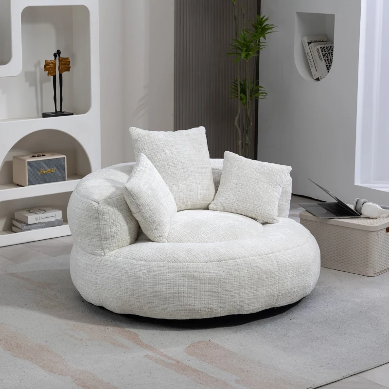 Lazy Sofa Bean Bag Chair with Memory Foam and Chenille Fabric, High Back Design with Three Pillows, 108L x 108W x 52H cm, Beige
