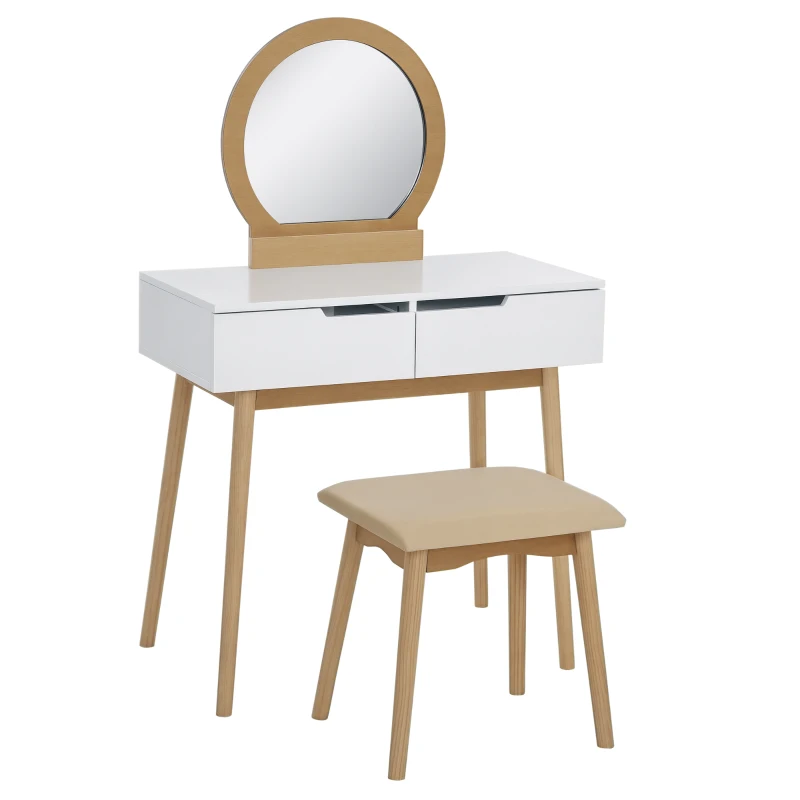 HOMCOM Coiffeuse Design scandinave Table de Maquillage avec Miroir, 2 tiroirs et Tabouret Blanc pin Clair