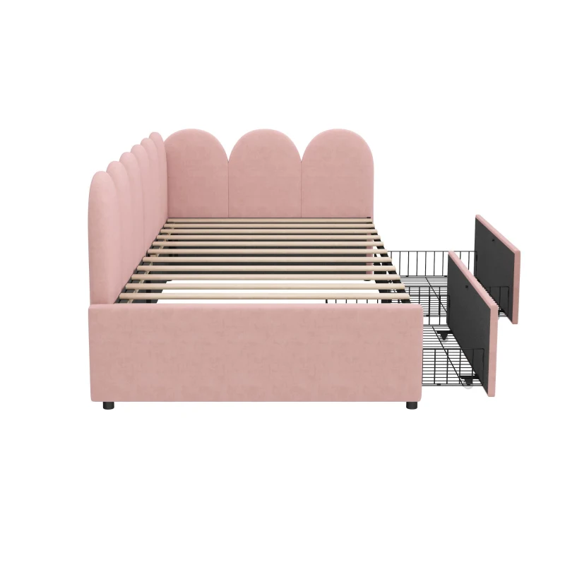 Single Velvet Daybed with Two Storage Drawers, Modern Youth Bed Frame with Wooden Slats, Easy Assembly, 202L x 97W x 73H cm, Pink