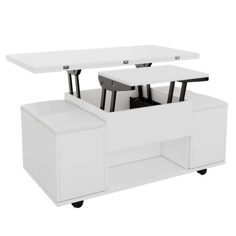 Lift-Up Coffee Table with Hydraulic Mechanism, Hidden Storage and Adjustable Height, 100L x 50W x 48H cm, White