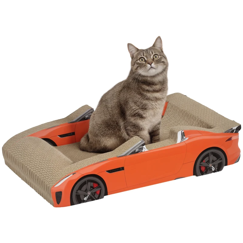 PawHut Cuccia per Gatti Tiragraffi a forma di Auto con Trattamento ad Erba Gatta, in Cartone Ondulato, 50x30x12.5 cm, Rosso