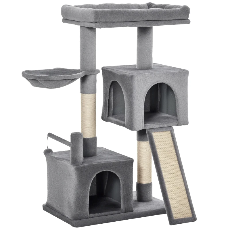 PawHut Cat Tree Tower for Indoor Cats, 111cm Kitten Activity Centre with Scratching Post Pad Hammock Condo Bed Ball Toy, Grey