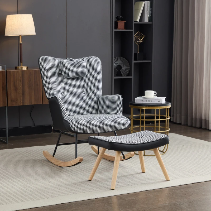 Fabric Rocking Chair with Solid Wood Legs, High Back Recliner with Footstool and Neck Pillow, 85L x 65W x 96H cm, White+Black