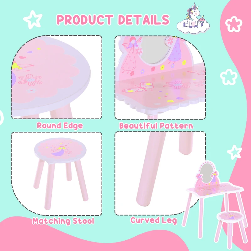 HOMCOM Kids Dressing Table Girls Pink Wooden Dressing Table & Stool Make Up Desk Chair Toys Fairy Dresser Play Set w/Mirror