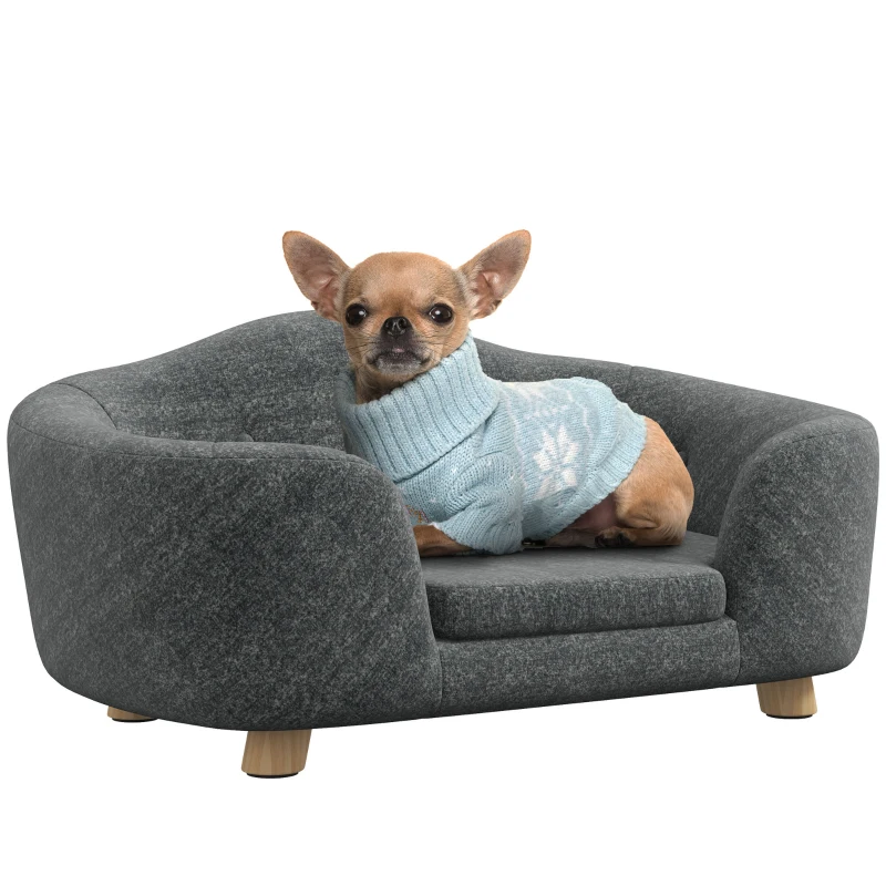 PawHut hondenbank hondenmat hondenmand hondenbank hondenbank kattenbank met kussen achterzak pluche schuim grenen hout donkergrijs 70 x 47 x 30 cm